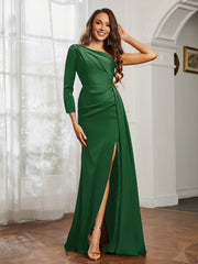 One Shoulder Satin Prom Dress with Slit Emerald Plus Size