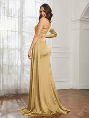One Shoulder Satin Prom Dress with Slit Gold Plus Size