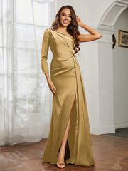 One Shoulder Satin Prom Dress with Slit Gold Plus Size