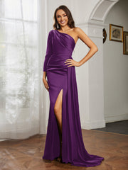 One Shoulder Satin Prom Dress with Slit Grape