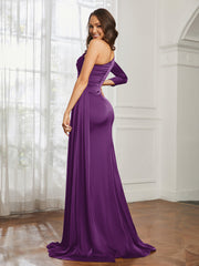 One Shoulder Satin Prom Dress with Slit Grape