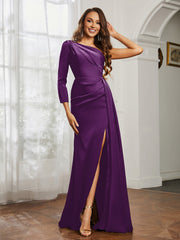 One Shoulder Satin Prom Dress with Slit Grape