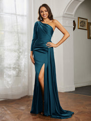 One Shoulder Satin Prom Dress with Slit Ink Blue Plus Size