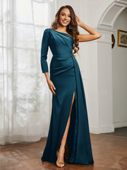 One Shoulder Satin Prom Dress with Slit Ink Blue Plus Size