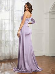 One Shoulder Satin Prom Dress with Slit Lilac Plus Size