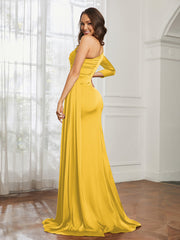 One Shoulder Satin Prom Dress with Slit Marigold