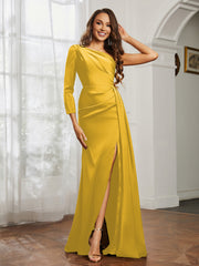 One Shoulder Satin Prom Dress with Slit Marigold Plus Size