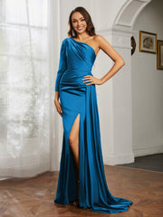 One Shoulder Satin Prom Dress with Slit Ocean Blue