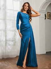One Shoulder Satin Prom Dress with Slit Ocean Blue Plus Size