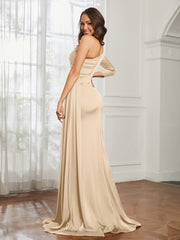 One Shoulder Satin Prom Dress with Slit Peach