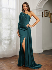 One Shoulder Satin Prom Dress with Slit Peacock Plus Size