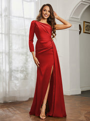 One Shoulder Satin Prom Dress with Slit Red Plus Size