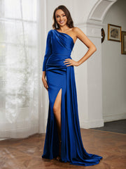 One Shoulder Satin Prom Dress with Slit Royal Blue Plus Size