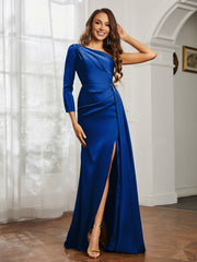 One Shoulder Satin Prom Dress with Slit Royal Blue Plus Size
