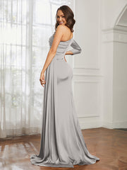One Shoulder Satin Prom Dress with Slit Silver Plus Size