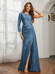 One Shoulder Satin Prom Dress with Slit Slate Blue