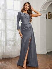 One Shoulder Satin Prom Dress with Slit Steel Grey