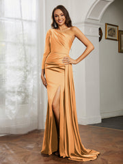 One Shoulder Satin Prom Dress with Slit Tangerine Plus Size
