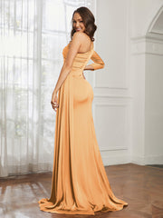 One Shoulder Satin Prom Dress with Slit Tangerine Plus Size