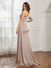 One Shoulder Satin Prom Dress with Slit Taupe