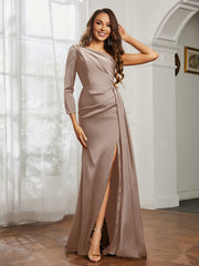 One Shoulder Satin Prom Dress with Slit Taupe Plus Size