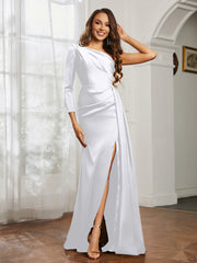 One Shoulder Satin Prom Dress with Slit White Plus Size