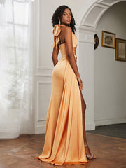 Sheath Halter Neckline Satin Prom Dress Tangerine Plus Size