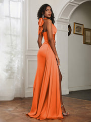 Sheath Halter Neckline Satin Prom Dress Burnt Orange  Plus Size