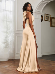 Sheath Halter Neckline Satin Prom Dress Champagne Plus Size