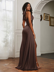 Sheath Halter Neckline Satin Prom Dress Chocolate