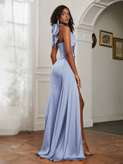 Sheath Halter Neckline Satin Prom Dress Dusty Blue Plus Size