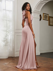Sheath Halter Neckline Satin Prom Dress Dusty Rose Plus Size