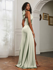 Sheath Halter Neckline Satin Prom Dress Dusty Sage Plus Size