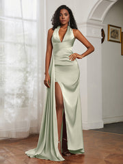 Sheath Halter Neckline Satin Prom Dress Dusty Sage Plus Size