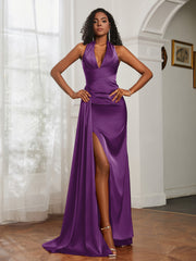 Sheath Halter Neckline Satin Prom Dress Grape