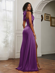Sheath Halter Neckline Satin Prom Dress Grape Plus Size