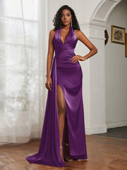 Sheath Halter Neckline Satin Prom Dress Grape Plus Size