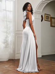 Sheath Halter Neckline Satin Prom Dress Ivory
