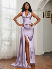Sheath Halter Neckline Satin Prom Dress Lilac Plus Size