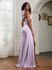Sheath Halter Neckline Satin Prom Dress Lilac Plus Size