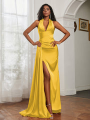 Sheath Halter Neckline Satin Prom Dress Marigold Plus Size