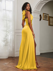 Sheath Halter Neckline Satin Prom Dress Marigold Plus Size