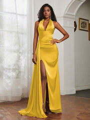 Sheath Halter Neckline Satin Prom Dress Marigold Plus Size