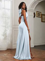 Sheath Halter Neckline Satin Prom Dress Mist Plus Size