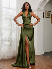 Sheath Halter Neckline Satin Prom Dress Olive Green