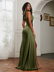 Sheath Halter Neckline Satin Prom Dress Olive Green Plus Size