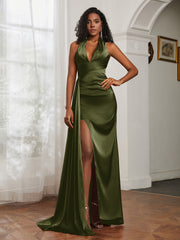 Sheath Halter Neckline Satin Prom Dress Olive Green