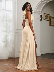 Sheath Halter Neckline Satin Prom Dress Peach Plus Size