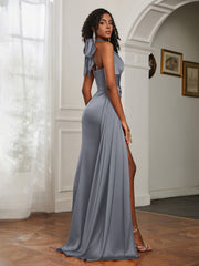 Sheath Halter Neckline Satin Prom Dress Steel Grey