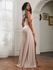 Sheath Halter Neckline Satin Prom Dress Taupe Plus Size